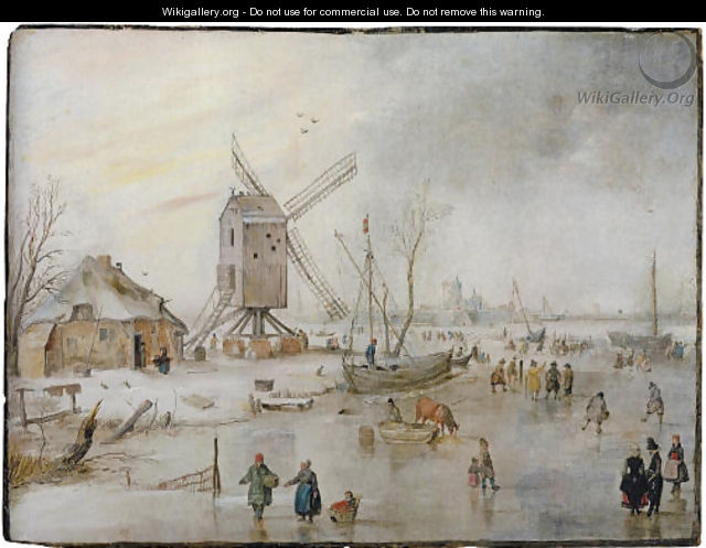 A winter landscape with figures on a frozen river near a windmill - Hendrick Avercamp