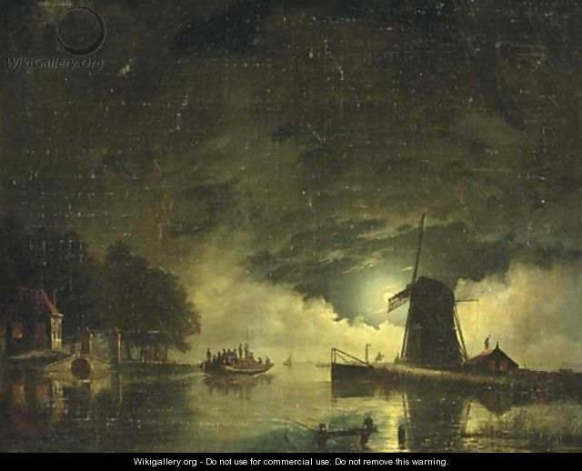 A ferry crossing by moonlight - Hendrik Gerrit ten Cate