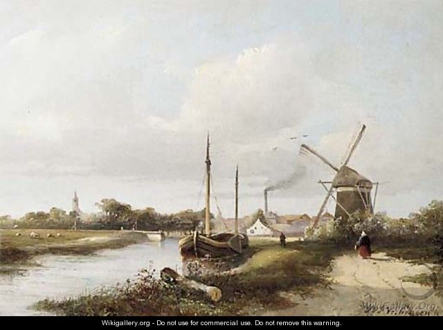 A view of a town by a river - Hendrik Frederik Verheggen