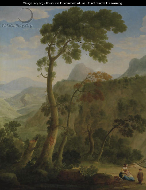 A mountainous landscape with a mother and her children resting - Hendrik Frans Van Lint