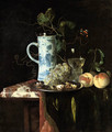 A Chinese transitional blue and white silver-mounted tankard, grapes and walnuts on a silver plate, a 'roemer' with white wine and two peaches on a pa - Hendrik de Fromantiou