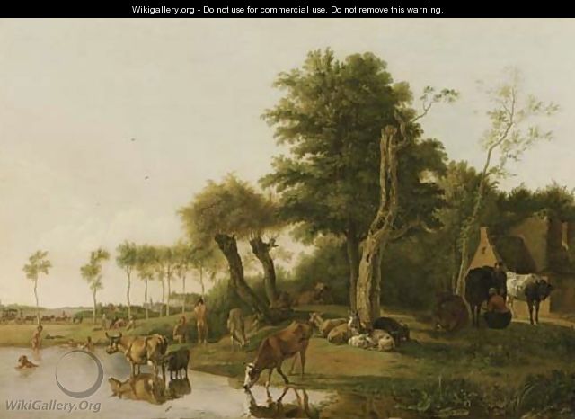 Het spiegelende koetje a milkmaid conversing with a peasant by a farmhouse, with cattle watering and sheep and goats by a tree, swimmers beyond - Hendrick Willelm Schweickhardt