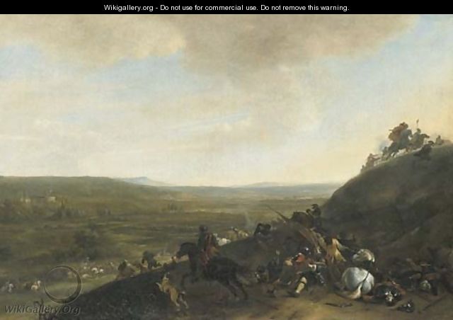 An extensive landscape with a cavalry skirmish - Hendrick Verschuring