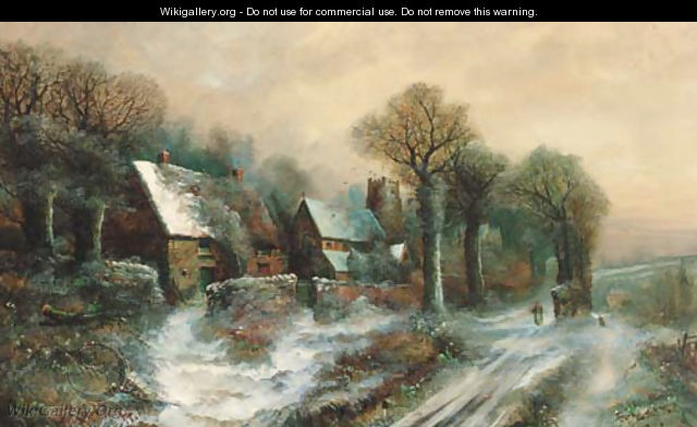 Figures in a winter village landscape - Harry Foster Newey