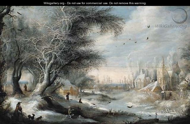 A winter landscape with sportsmen on a forest track near a village, peasants nearby - Gijsbrecht Leytens