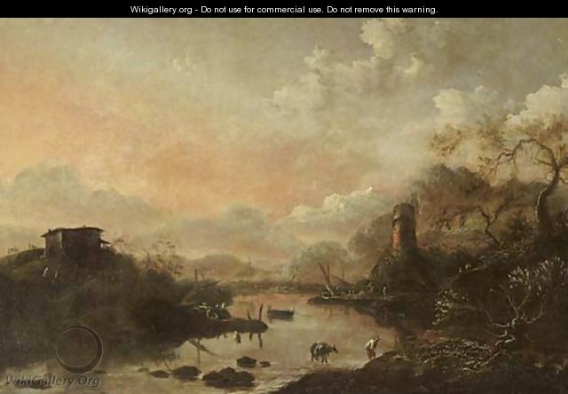 An evening Italianate landscape with peasants crossing a river, fishermen drawing in their nets nearby - Hans De Jode