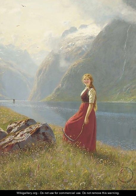A young harvester at a sunlit fjord - Hans Dahl
