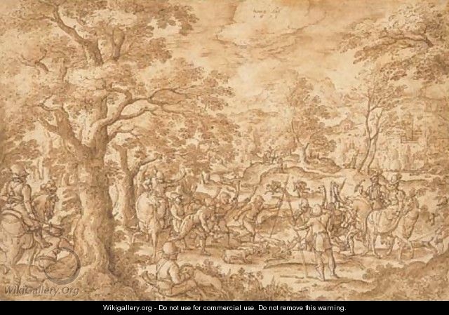 A stag hunt with huntsmen holding a stag at bay, an elegant horseman with a falcon and his companion riding sidesaddle to the right - Hans Bol