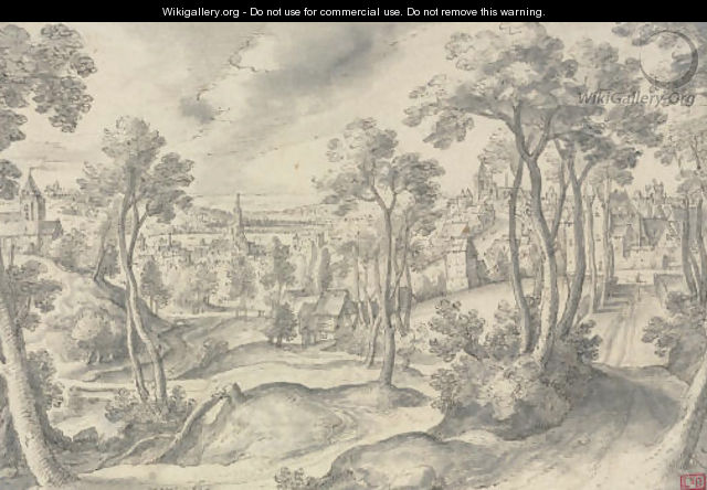 A distant view of a town, with a wooded road in the foreground - Hans Bol
