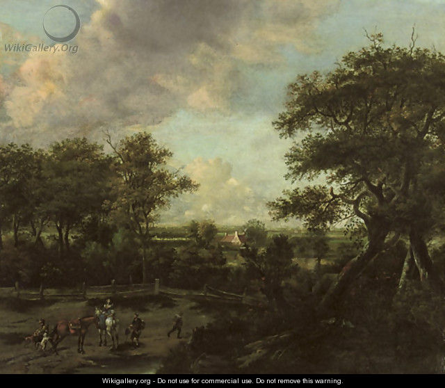 An extensive landscape with horsemen and travellers near the edge of a wood - Haarlem School