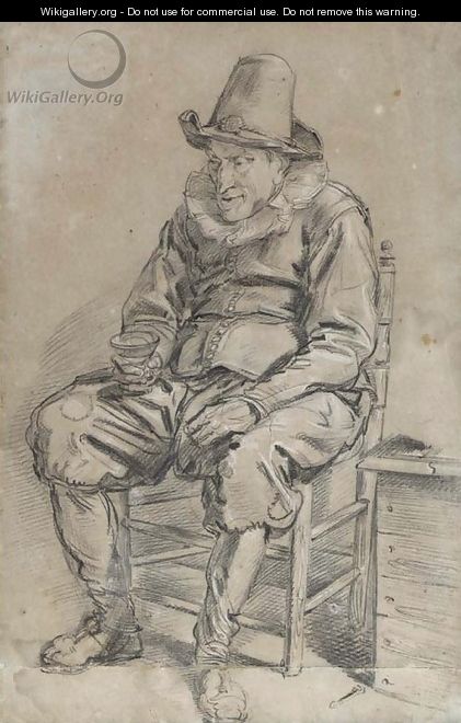 A seated man wearing a hat holding a roemer - Haarlem School