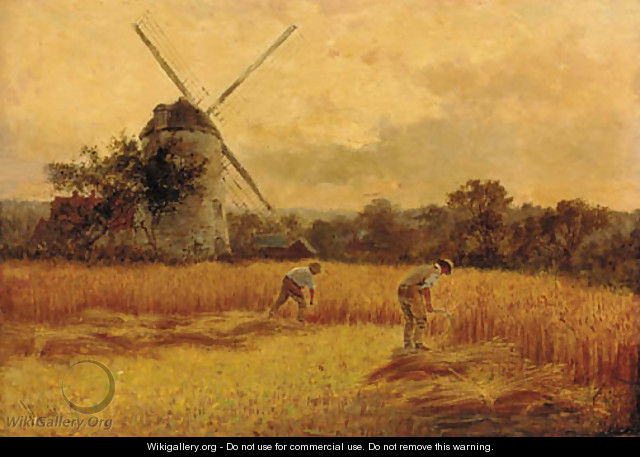 Figures harvesting before a windmill - Harry Wallace