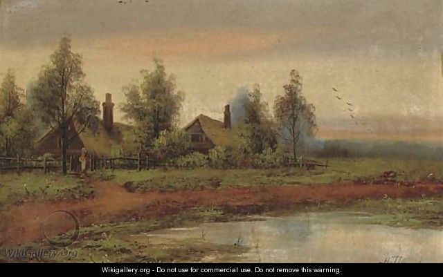 Cottages beside a pool at sunset - Hubert Thornley