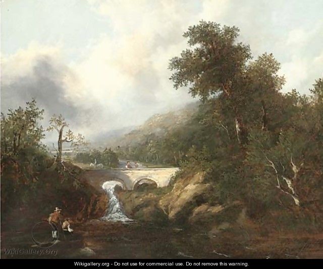 Anglers before a waterfall and bridge - Richard Hume Lancaster