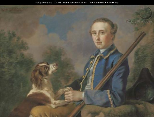 Portrait of Sir Henry Paulet St. John, Bt., three-quarter-length, seated in a landscape with his gun and spaniel - Francis Hayman