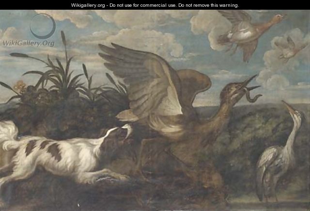A spaniel chasing a bittern, with a heron and duck, in a landscape - Francis Barlow
