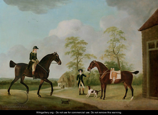 A Master of Foxhounds, said to be a Member of the Bowes Family, with an Attendant, a Saddled Bay Hunter and a Hound - Francis Sartorius