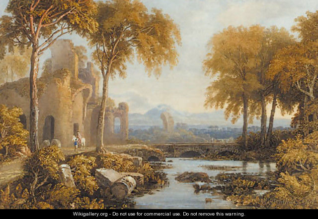 Figures and a horse beneath a ruined castle - Francis Oliver Finch