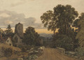 A lone figure on a bridge overlooking a sleepy village - Francis Oliver Finch