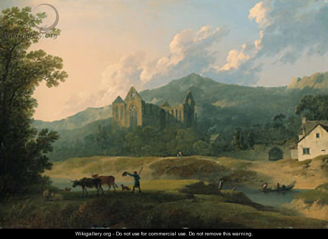 View of Tintern Abbey, with a herdsman and livestock in the foreground - Francis Nicholson