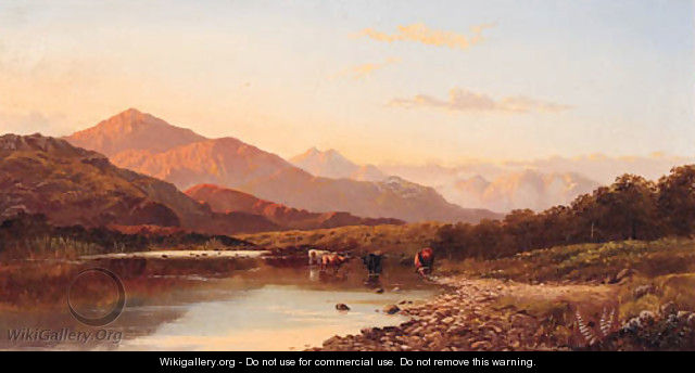 Cattle watering in a mountainous River Landscape - Francis Sydney Muschamp