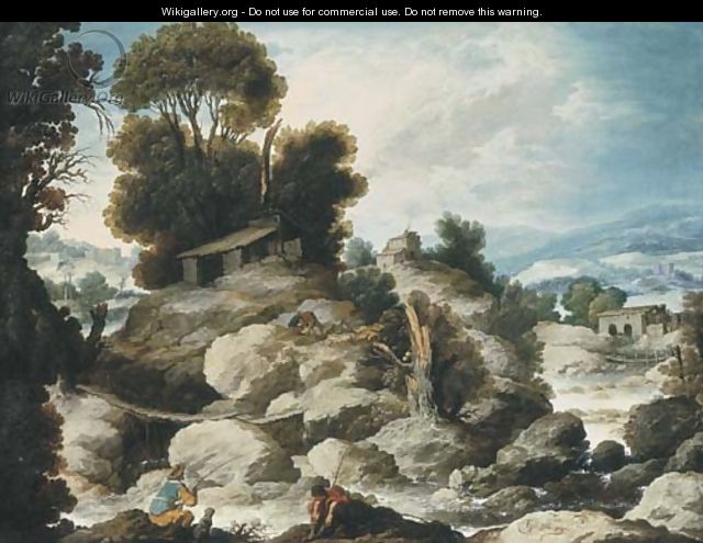 A rocky river landscape with fishermen and shepherds resting with their flock - Francisco Collantes