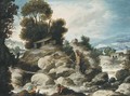 A rocky river landscape with fishermen and shepherds resting with their flock - Francisco Collantes