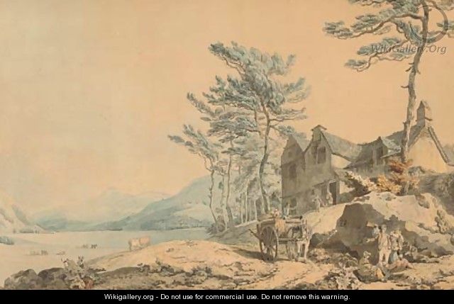 View of Coniston Water, Cumbria, with figures and a farm-cart in the foreground - Francis Wheatley