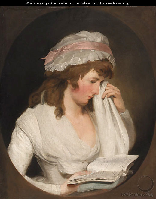 Portrait of a young lady, half-length, in a white dress and cap bonnet reading from Romeo and Juliet, feigned oval - Francis Wheatley