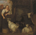A shepherd couple courting by a barn, goats and a cow nearby - Francois Verwilt