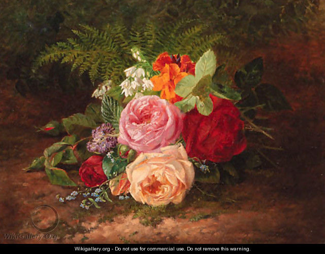 A flower still life with roses, forget-me-nots and indian cress - Francois-Joseph Huygens