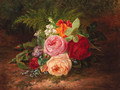 A flower still life with roses, forget-me-nots and indian cress - Francois-Joseph Huygens