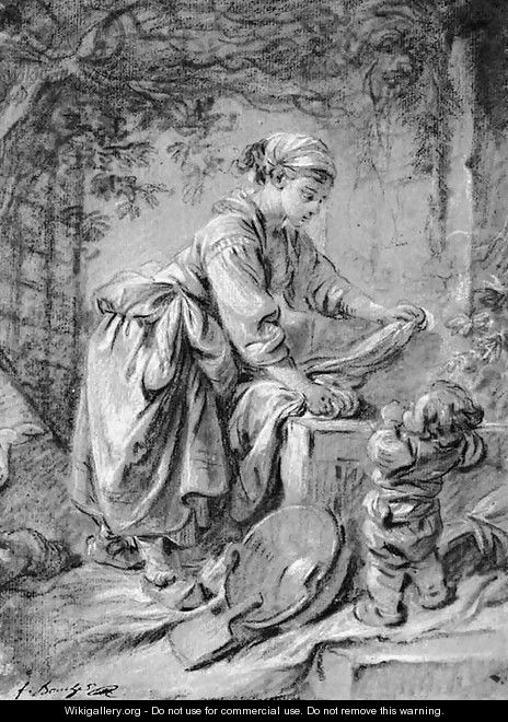 A washerwoman at a fountain with a child under a trellis - François Boucher