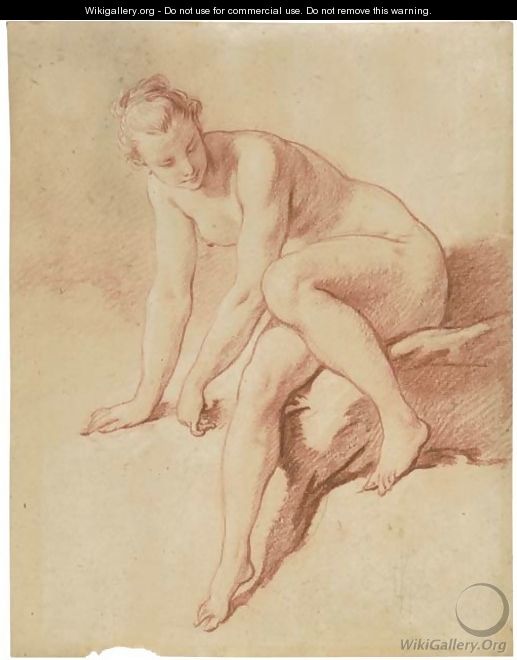 A seated female nude leaning forward and looking down to the right - François Boucher
