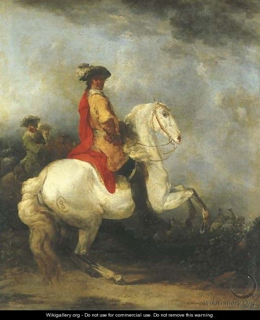 A cavalier in a yellow coat with a red cloak and plumed hat on a grey, a cavalry troop beyond - Francesco Giuseppe Casanova