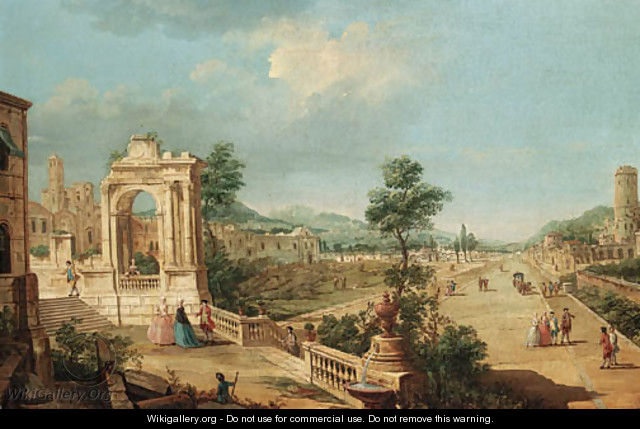 A capriccio view of a town with elegant figures on a terrace by a ruined archway - Francesco Battaglioli