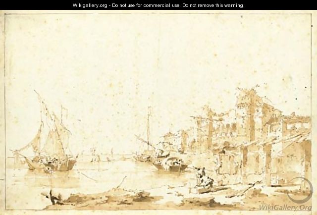 An imaginary view of a Venetian lagoon with a fortress by the shore - Francesco Guardi