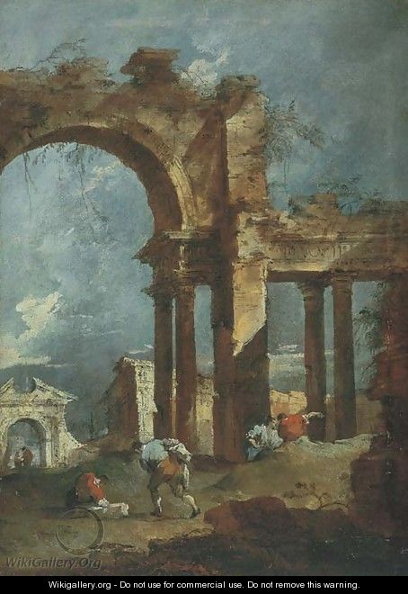 An architectural capriccio with figures in front of a ruined arch, with other ruins beyond - Francesco Guardi