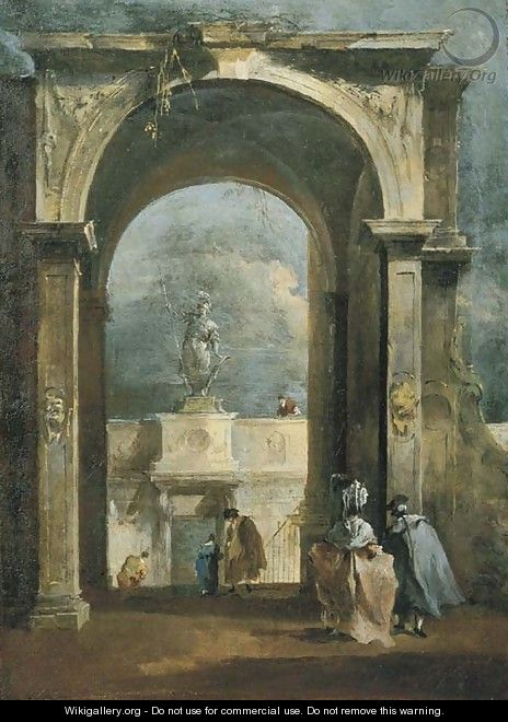 An architectural capriccio with elegant figures and a classical arch, a statue above a portico in the distance - Francesco Guardi