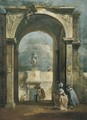 An architectural capriccio with elegant figures and a classical arch, a statue above a portico in the distance - Francesco Guardi
