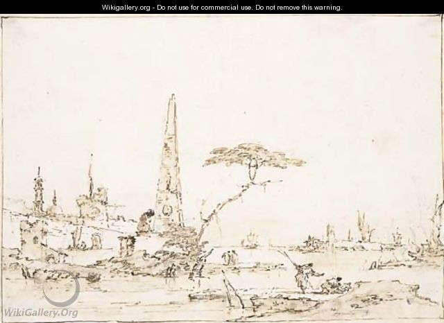 A capriccio of the Venetian Lagoon with an obelisk outside a fortified town, figures in the foreground - Francesco Guardi