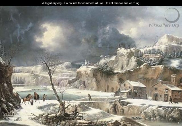 A winter landscape with travellers on horseback by a river - Francesco Foschi