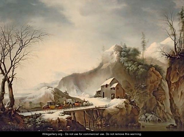 A mountainous winter landscape with travellers on horseback crossing a bridge - Francesco Foschi