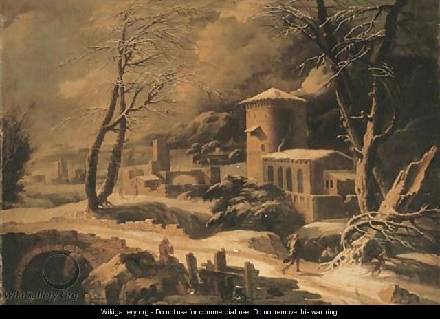 A mountainous winter landscape with peasants by farmhouses - Francesco Foschi