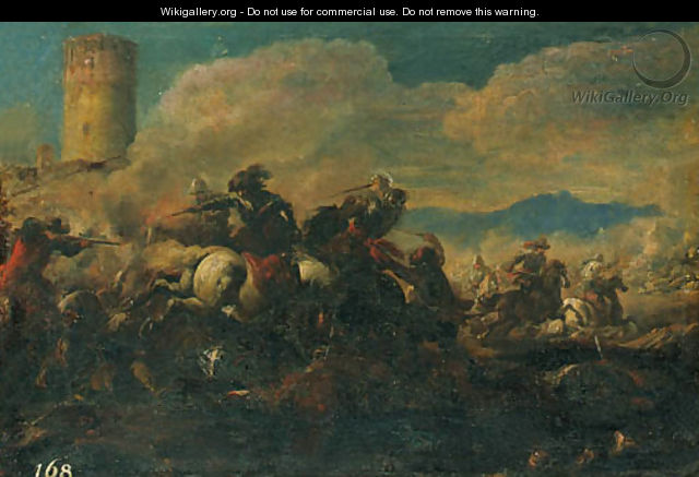 A Cavalry battle near a tower - Francesco Monti