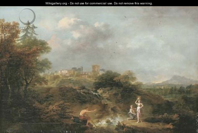 An Italianate river landscape with a herdsman and women fetching water - Francesco Zuccarelli