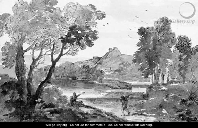 An Italian river landscape with two travellers on a road - Francesco Zuccarelli