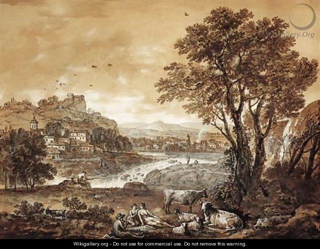 An extensive river landscape with shepherds resting under a tree by a cascade - Francesco Zuccarelli