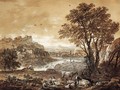 An extensive river landscape with shepherds resting under a tree by a cascade - Francesco Zuccarelli
