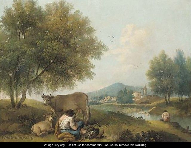 A wooded river landscape with herdsmen and cattle, a town beyond - Francesco Zuccarelli